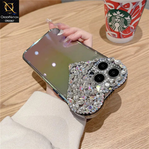 iPhone 15 Pro Max Cover - Purple - Shiny Bling Rhinestones 3D Heart Laser Electroplating Gradient Colour Soft TPU Case