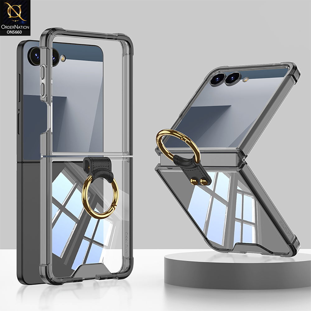 Samsung Galaxy Z Flip 7 Cover - Black - New Slim Air Bag Back Screen Glass Protector Case With Ring Holder And Seperated Tempered Film Designed By GKK