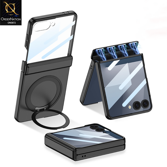 Samsung Galaxy Z Flip 7 Cover - Black - New Premium Quality Pc With Magnatic Hinge And Glass Protection And Rotating Bracket Designed By GKK