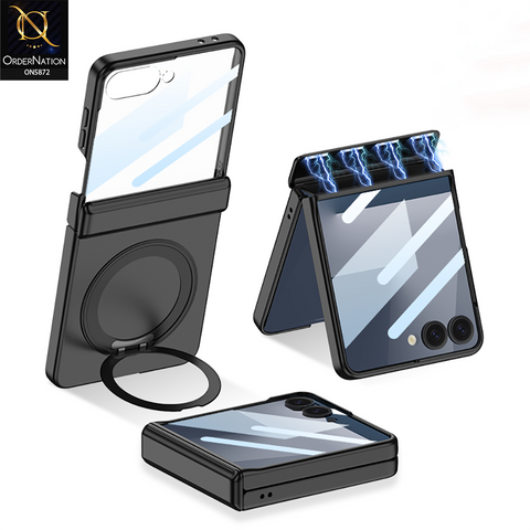 Samsung Galaxy Z Flip 7 Cover - Black - New Premium Quality Pc With Magnatic Hinge And Glass Protection And Rotating Bracket Designed By GKK
