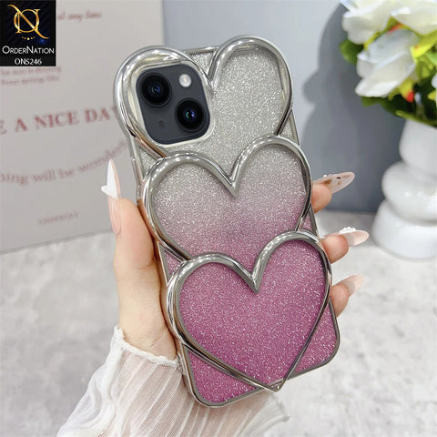 iPhone 14 Cover - Pink - New Trendy 3D Heart Gradient Bling Glitter Electroplating Borders Soft Case - (Glitter Does Not Move)