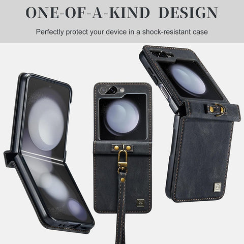 Samsung Galaxy Z Flip 5 5G Cover - Black - Autspace Retro Leather Advance Shockproof Flip Walet Case With Wrist Strap