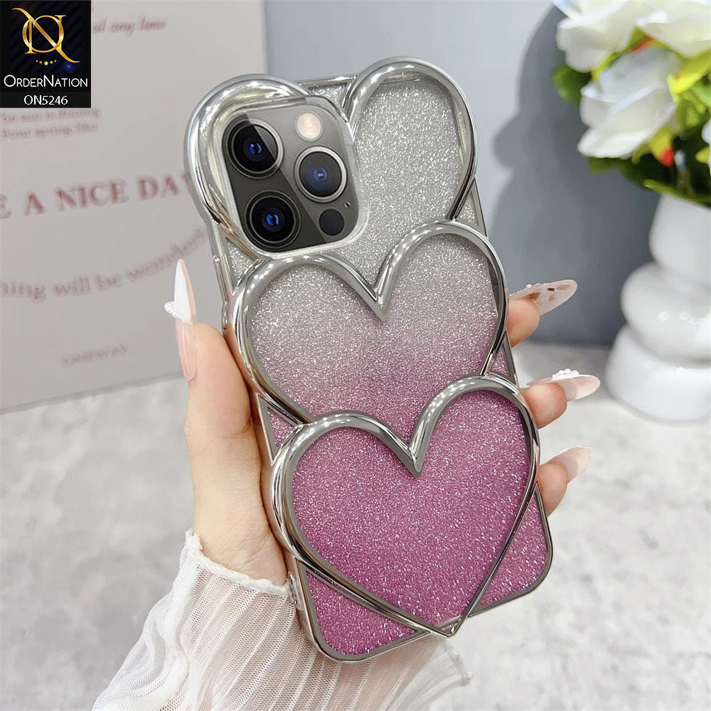 iPhone 14 Pro Max Cover - Pink - New Trendy 3D Heart Gradient Bling Glitter Electroplating Borders Soft Case - (Glitter Does Not Move)
