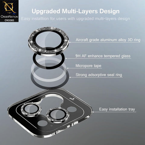 iPhone 15 Pro Max Camera Protector - Gray - Shiny Bling Glitter Camera Metal Ring Protector