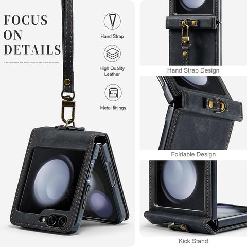 Samsung Galaxy Z Flip 5 5G Cover - Black - Autspace Retro Leather Advance Shockproof Flip Walet Case With Wrist Strap