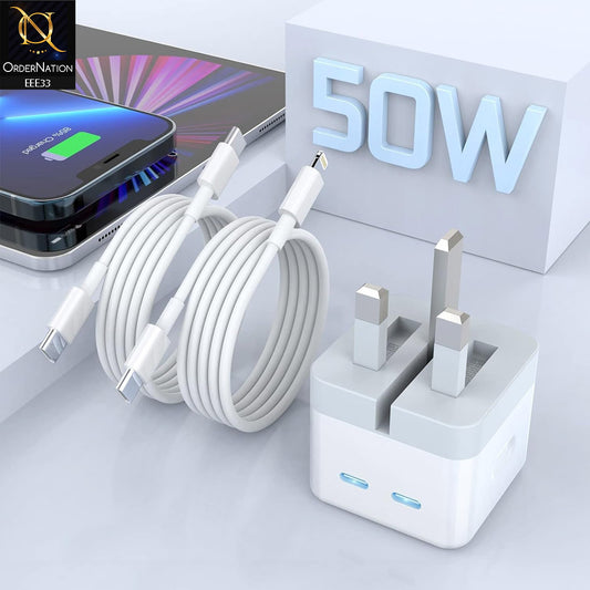 iOS Devices 50W USB-C+C Power Adapter With USB-C To Lightning Cable - White