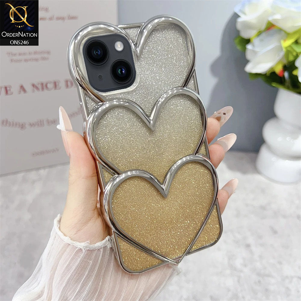 iPhone 14 Cover - Golden - New Trendy 3D Heart Gradient Bling Glitter Electroplating Borders Soft Case - (Glitter Does Not Move)