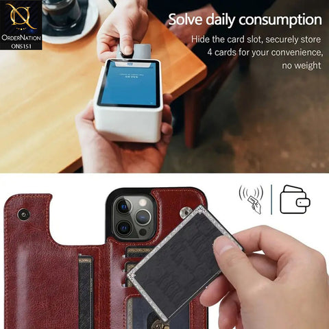 iPhone XS Max Cover - Brown - Luxury PU Leather Card Holder Wallet Soft Case
