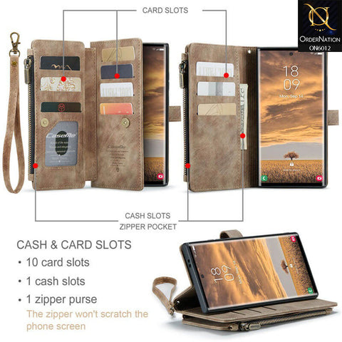 Samsung Galaxy S24 Ultra Cover - Coffee - CaseMe Premium Leather Zipper Wallet kickstand Case with Wrist Strap