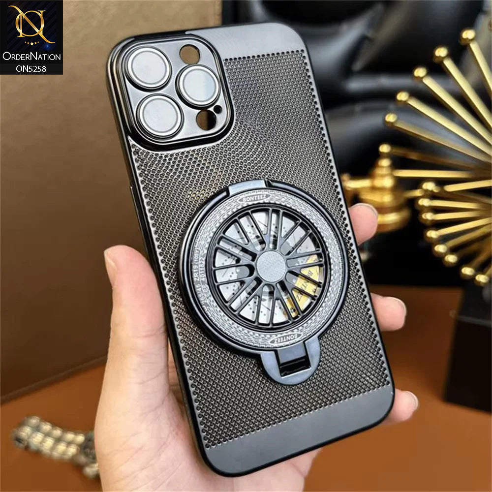 iPhone 12 Pro Max Cover - Black - New Breathing Mesh Hard Shell Protective Case With Spin Rotating Wheel Kickstand Holder