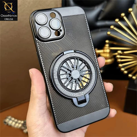 iPhone 12 Pro Max Cover - Black - New Breathing Mesh Hard Shell Protective Case With Spin Rotating Wheel Kickstand Holder
