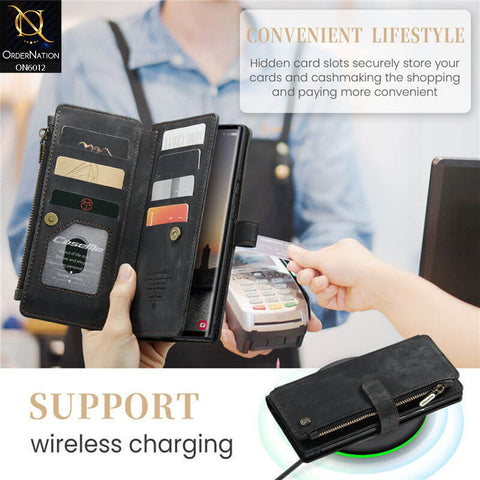 Samsung Galaxy S24 Ultra Cover - Black - CaseMe Premium Leather Zipper Wallet kickstand Case with Wrist Strap