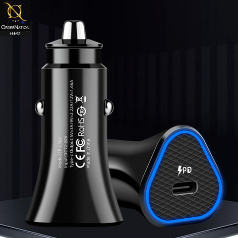 25W PD Type-C Adaptive Fast Car Charger With Type-C to C Cable - Black