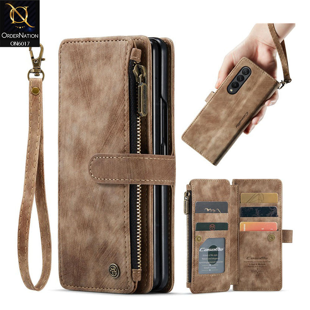 Samsung Galaxy Z Fold 4 5G Cover - Coffee - CaseMe Premium Leather Zipper Wallet kickstand Case with Wrist Strap