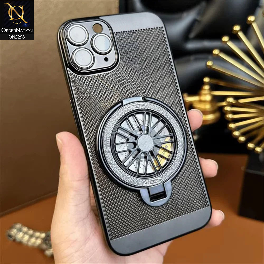 iPhone 11 Pro Max Cover - Black - New Breathing Mesh Hard Shell Protective Case With Spin Rotating Wheel Kickstand Holder