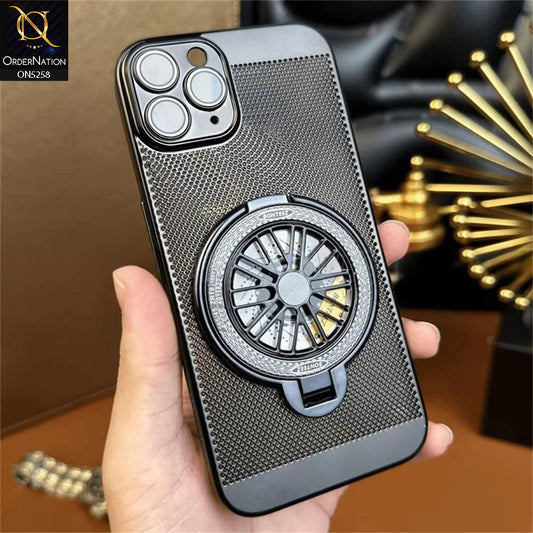 iPhone 11 Pro Max Cover - Black - New Breathing Mesh Hard Shell Protective Case With Spin Rotating Wheel Kickstand Holder