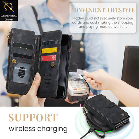 Samsung Galaxy Z Fold 5 5G Cover - Black - CaseMe Premium Leather Zipper Wallet kickstand Case with Wrist Strap
