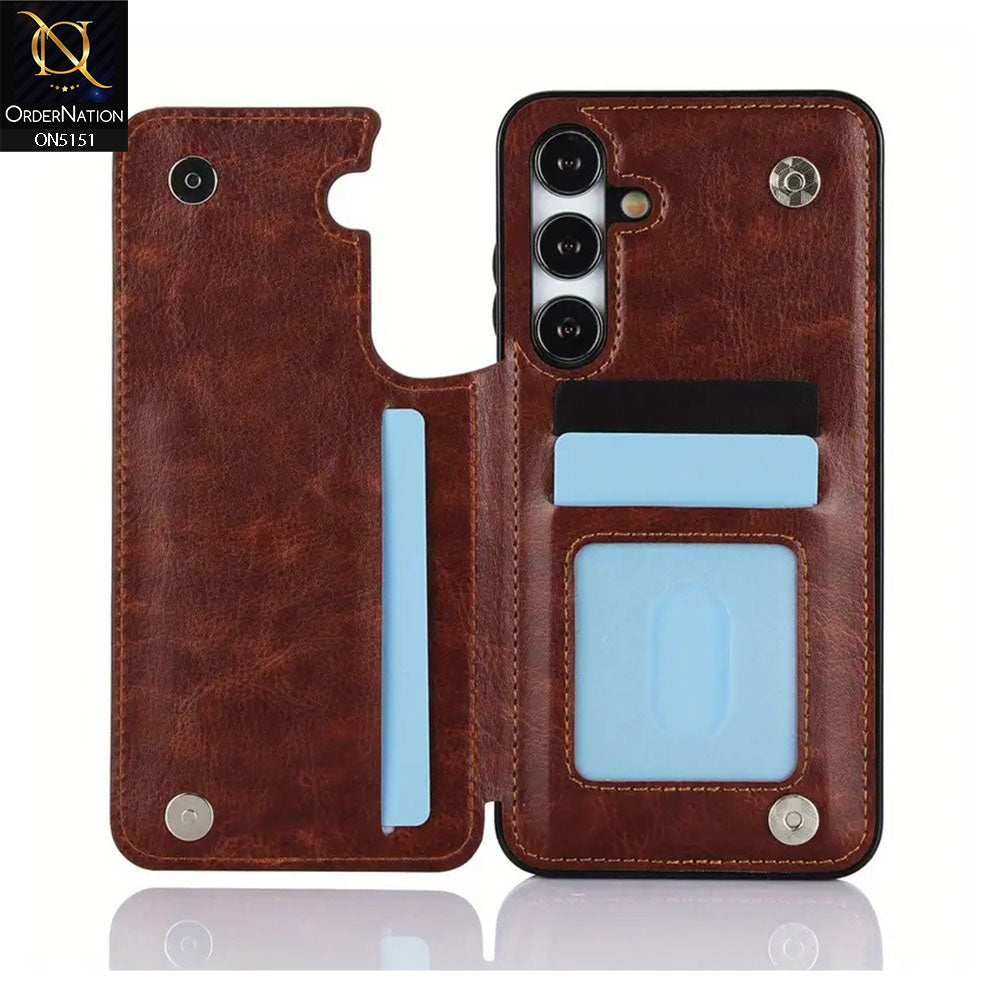 Samsung Galaxy S24 Plus Cover - Brown - Luxury PU Leather Card Holder Wallet Soft Case