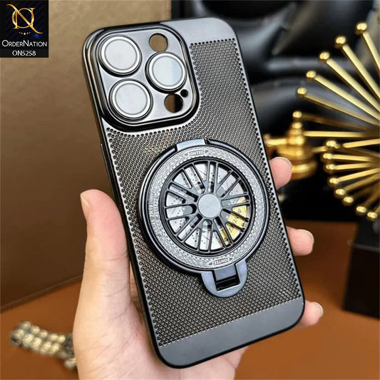 iPhone 13 Pro Max Cover - Black - New Breathing Mesh Hard Shell Protective Case With Spin Rotating Wheel Kickstand Holder