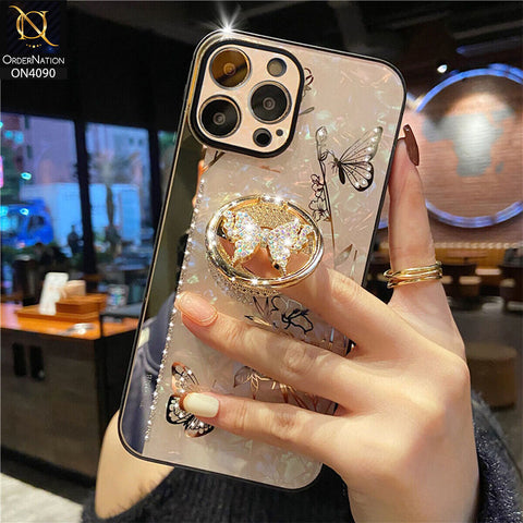 iPhone 13 Pro Max Cover - Golden - Cute Bling Diamond Butterfly Flower with Ring Stand,Glitter Girly Pearl Back Soft Silicone Cover