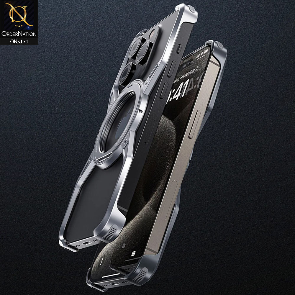 iPhone 15 Pro Max Cover - Silver - 360° Stand Rimless Bumper Alloy Magnetic Frameless Shockproof Metal Cover