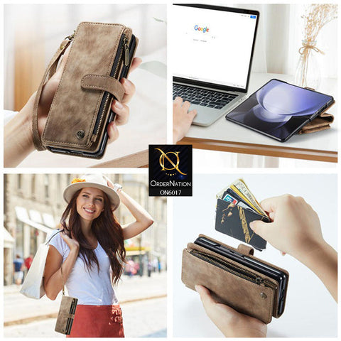 Samsung Galaxy Z Fold 4 5G Cover - Coffee - CaseMe Premium Leather Zipper Wallet kickstand Case with Wrist Strap