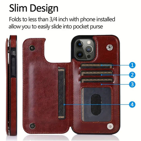 iPhone 15 Cover - Black - Luxury PU Leather Card Holder Wallet Soft Case