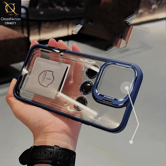 iPhone 15 Pro Max - Blue - Easoncase PC Hard Clear Case Flip Camera Cover Soft TPU Bumper Case with Built-in Camera Stand