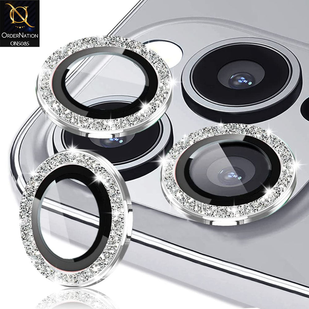iPhone 14 Pro Max Camera Protector - Silver - Shiny Bling Glitter Camera Metal Ring Protector