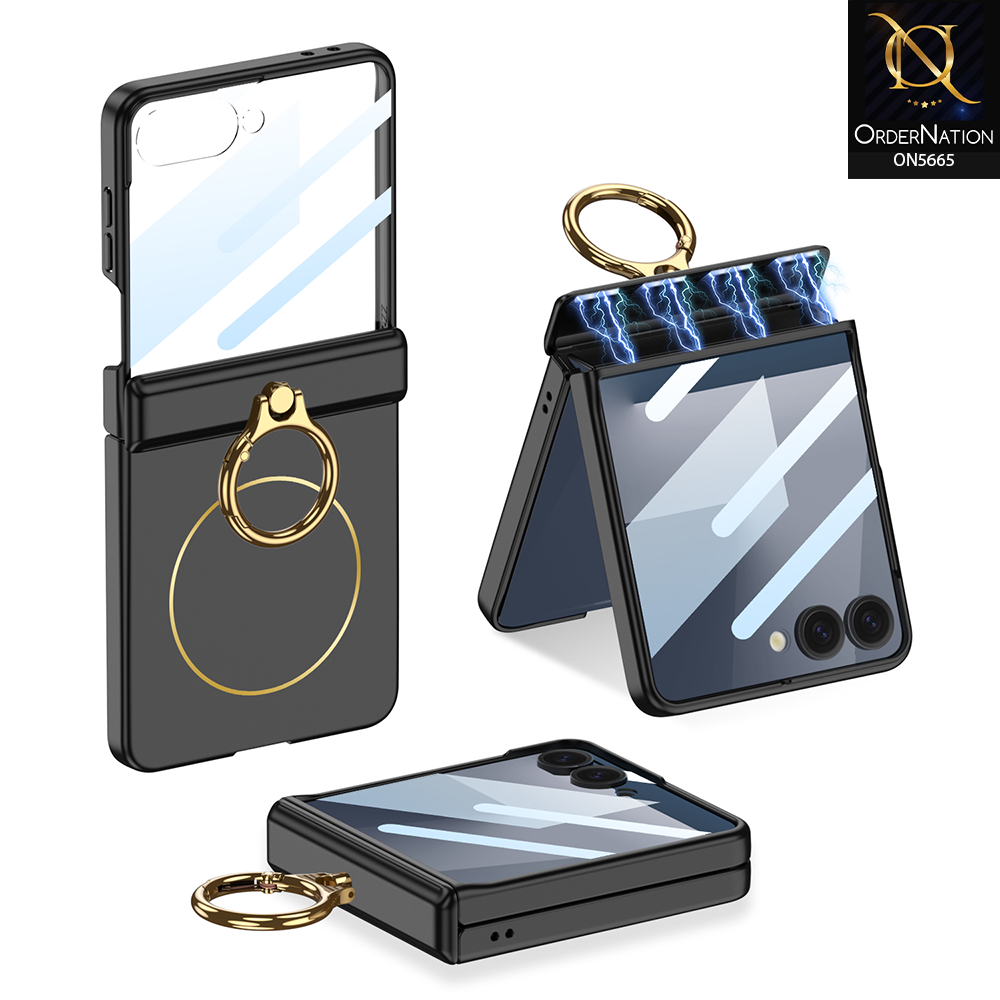Samsung Galaxy Z Flip 7 Cover - Black - New Premium Quality Pc Shell Case Hinge Box With Ring With Front Protetcion And Color Blocking Built-In Magnet Designed By GKK