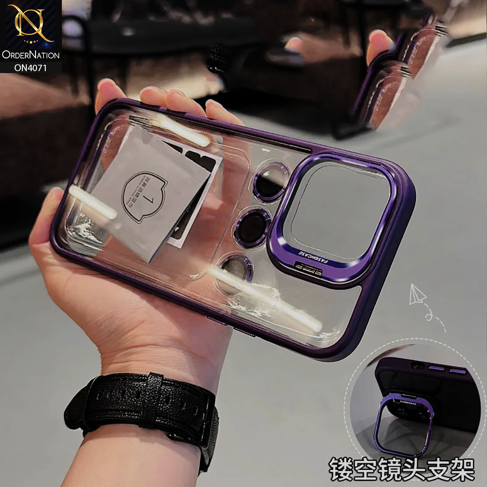 iPhone 15 Pro Max - Purple - Easoncase PC Hard Clear Case Flip Camera Cover Soft TPU Bumper Case with Built-in Camera Stand