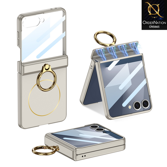 Samsung Galaxy Z Flip 7 Cover - Golden - New Premium Quality Pc Shell Case Hinge Box With Ring With Front Protetcion And Color Blocking Built-In Magnet Designed By GKK