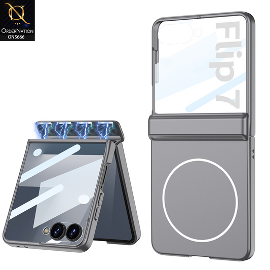 Samsung Galaxy Z Flip 7 Cover - Gray - New Premium Quality Pc Shell Case With Magnatic Hinge And Glass Protection And with Color Blocking Built-in  Magnet And MagSafe Designed By GKK