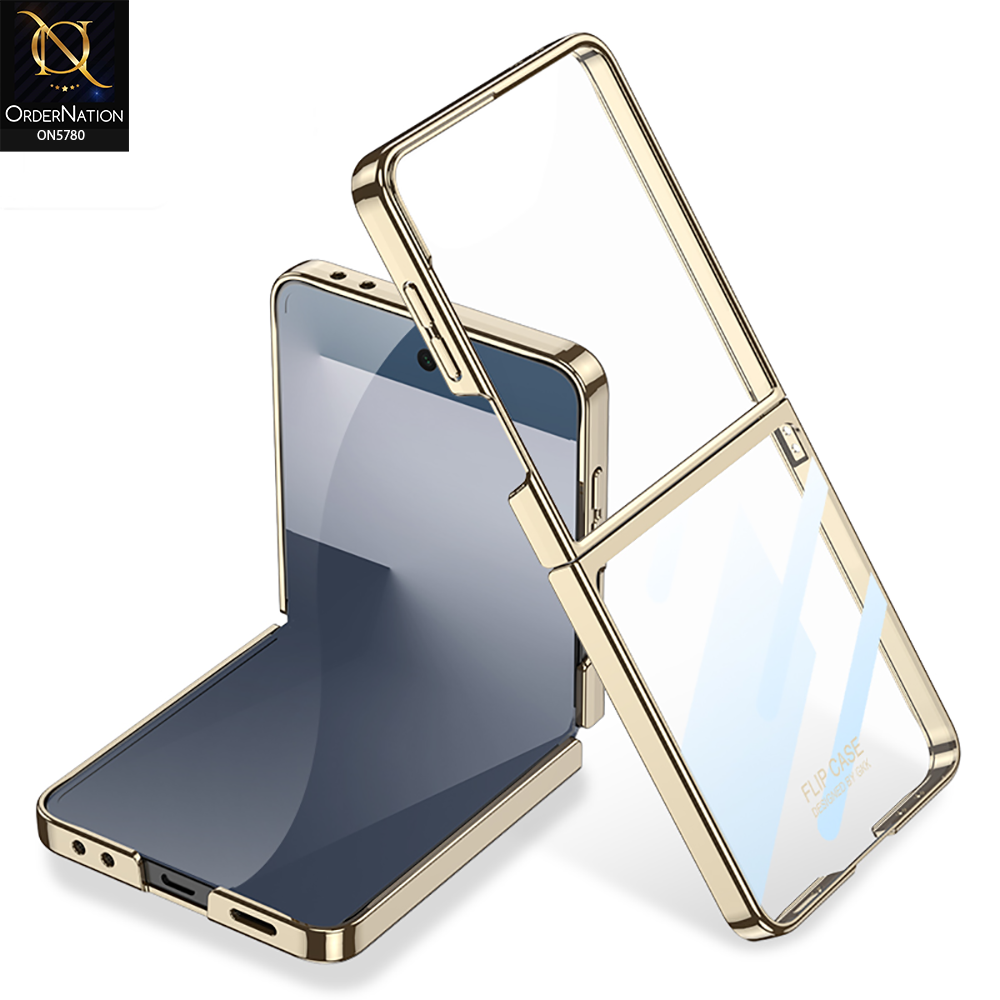 Samsung Galaxy Z Flip 7 Cover - Golden - New Premium  Pc Shell Case With Separate Tempered Film And Glass Protecttion Designed By GKK