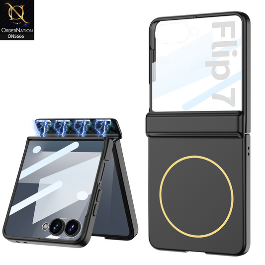 Samsung Galaxy Z Flip 7 Cover - Black - New Premium Quality Pc Shell Case With Magnatic Hinge And Glass Protection And with Color Blocking Built-in  Magnet And MagSafe Designed By GKKgSafe