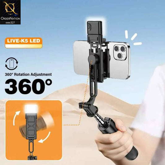 PLOKAMA LIVE-K5 3 in 1 Selfie Stick - Tripod Bluetooth LED with Mini Remote Wireless for Photos - Black