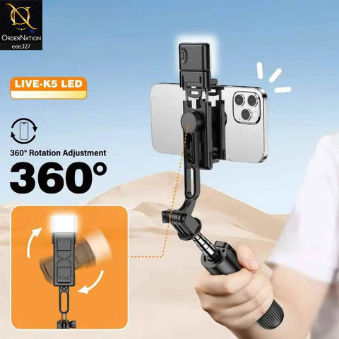 PLOKAMA LIVE-K5 3 in 1 Selfie Stick - Tripod Bluetooth LED with Mini Remote Wireless for Photos - Black