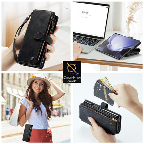 Samsung Galaxy Z Fold 3 5G Cover - Black - CaseMe Premium Leather Zipper Wallet kickstand Case with Wrist Strap