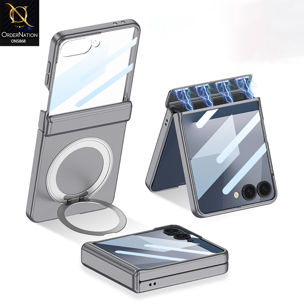 Samsung Galaxy Z Flip 7 Cover - Golden - New Premium Quality Ultra Thin Pc Shell Case With Glass Protection Rotating Bracket Designed By GKK