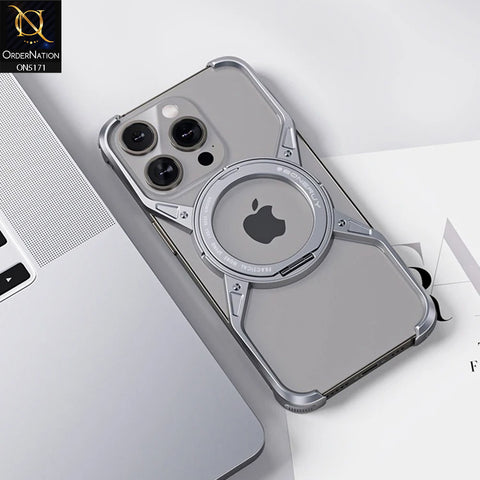 iPhone 15 Pro Max Cover - Silver - 360° Stand Rimless Bumper Alloy Magnetic Frameless Shockproof Metal Cover