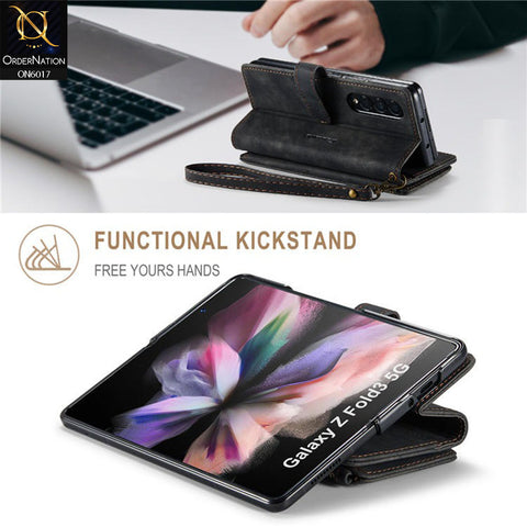 Samsung Galaxy Z Fold 4 5G Cover - Black - CaseMe Premium Leather Zipper Wallet kickstand Case with Wrist Strap