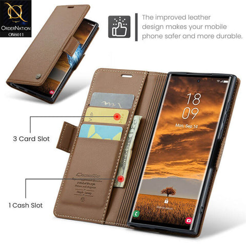 Samsung Galaxy S24 Ultra Cover - Brown - CaseMe Classic Leather Wallet RFID Blocking Magnetic Buckle Flip Book Case