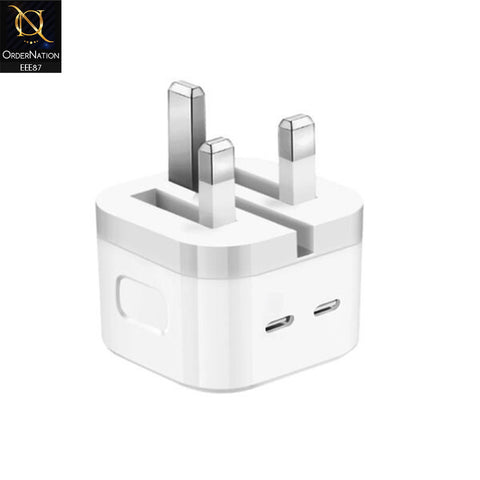35W Dual USB Type-C to C Power Adapter UK Folding Pins With Type-C To Lightning Cable - White