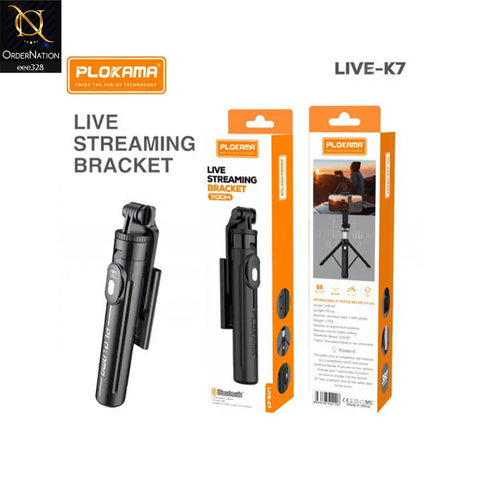 Selfie Stick Plokama Live K7-LED| Rechargeable LED Light | Wireless Bluetooth | Extendable Tripod | 360° Rotation | Best for Vlogging & Live Streaming - Black