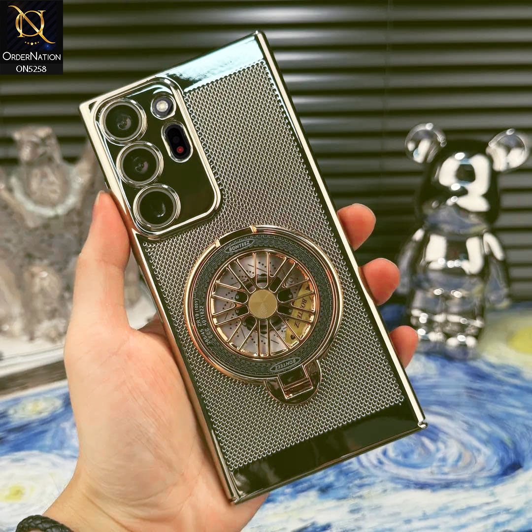 Samsung Galaxy Note 20 Ultra Cover - Golden - New Breathing Mesh Hard Shell Protective Case With Spin Rotating Wheel Kickstand Holder
