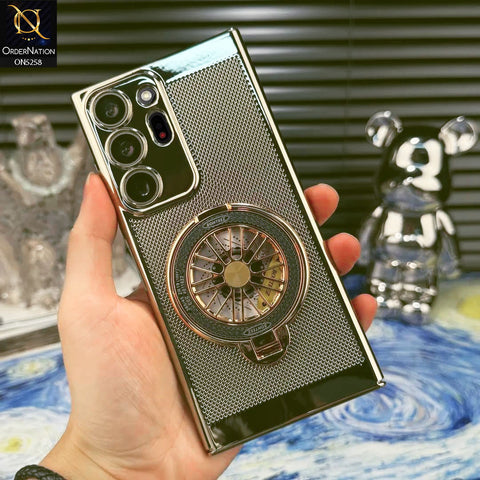 Samsung Galaxy Note 20 Ultra Cover - Golden - New Breathing Mesh Hard Shell Protective Case With Spin Rotating Wheel Kickstand Holder