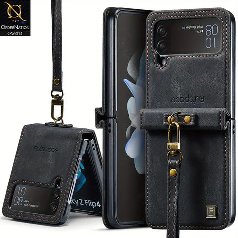 Samsung Galaxy Z Flip 4 5G Cover - Black - Autspace Retro Leather Advance Shockproof Flip Walet Case With Wrist Strap