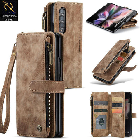 Samsung Galaxy Z Fold 4 5G Cover - Coffee - CaseMe Premium Leather Zipper Wallet kickstand Case with Wrist Strap