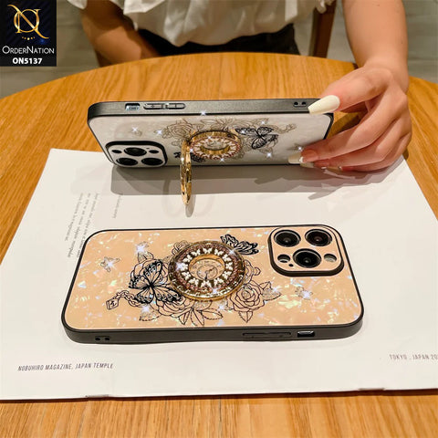 iPhone 13 Pro Max Cover - Golden - TYBOMB Luxury Shiny Glass Butterfly Bling Diamond Metal Holder Soft Border Case