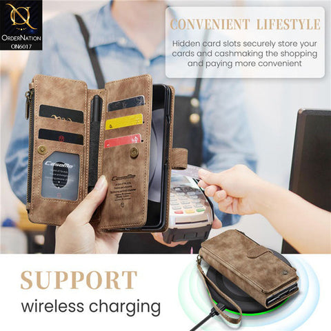 Samsung Galaxy Z Fold 4 5G Cover - Coffee - CaseMe Premium Leather Zipper Wallet kickstand Case with Wrist Strap